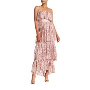 Monique Lhuillier Blush Pink Embroidered Lace Tiered Dress with Spaghetti Straps
